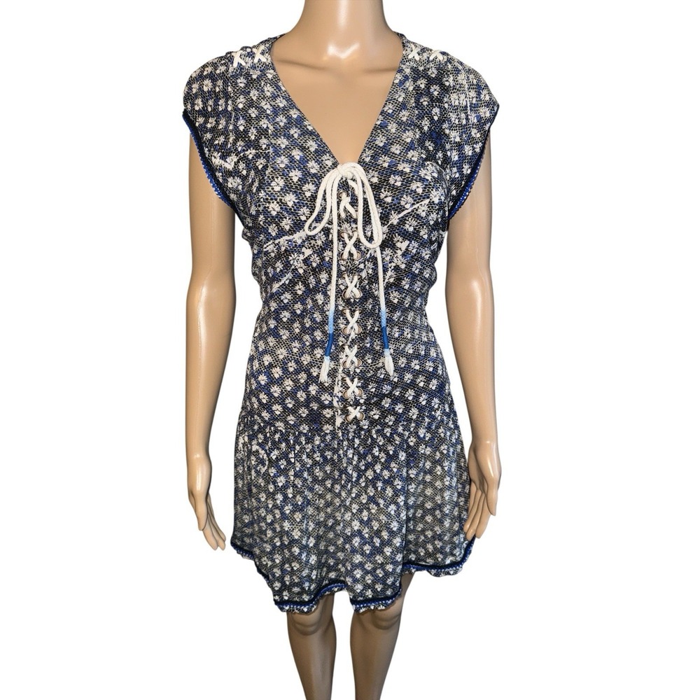 Poupette St. Barth M Lucy Dress Blue Floral Print Fanciful Lace Up Resortwear